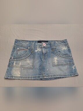 Light Blue Denim Micro Mini Skirt with Pink Button Accent